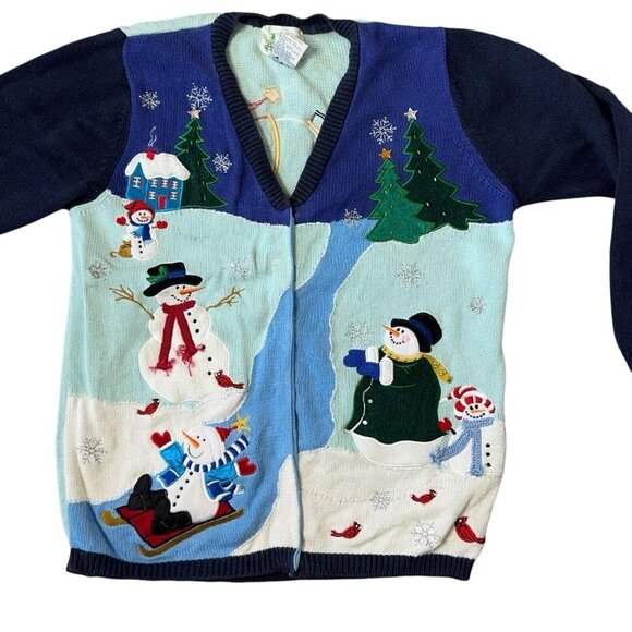 Quacker Factory Cardigan Sweater Snowman Christmas Tree Holiday Winter Theme Lg - Picture 1 of 16